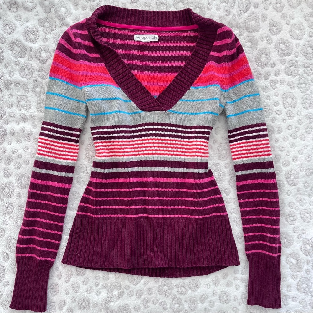 Aeropostale Women's Maroon Multi-Stripe V-Neck Sweater